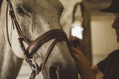 Woman preparing horse for ride