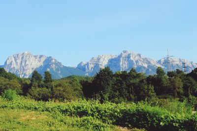 Scenic view of mountains against clear blue sky