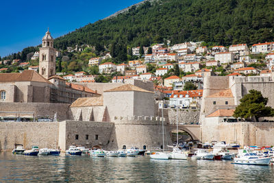 Dubrovnik city old port marina and fortifications seen from porporela