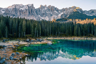 Panoramic view of lago di carezza, dolomites, italy