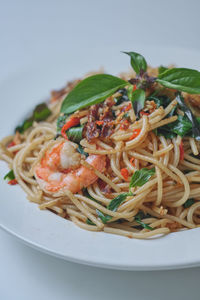 Close-up of noodles in plate on table