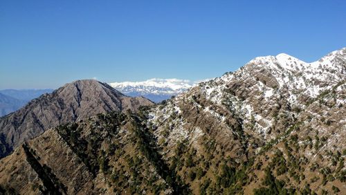 Scenic view of mountains against clear blue sky