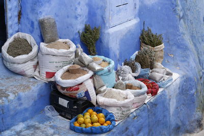 High angle view of fruits in container, chefchaouen morocco 