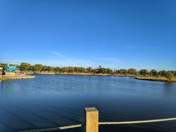 Scenic view of lake against blue sky