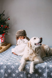Cute child and his labrador retriever at home on the bed near the christmas tree