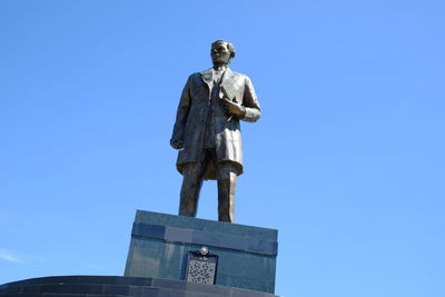 Low angle view of statue against clear blue sky