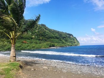 Scenic view of beach against blue sky