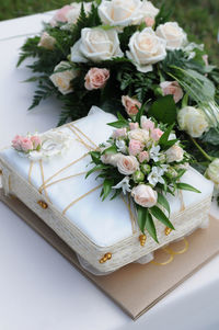 High angle view of white flowers on table