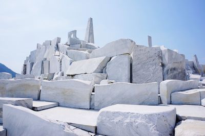 Snow covered rocks against sky