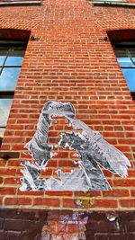 Low angle view of text on brick wall