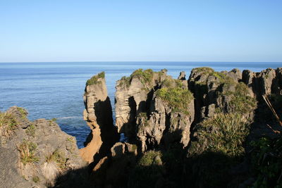 Panoramic view of sea against clear blue sky