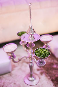 High angle view of wine glass on table