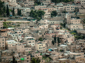 High angle view of residential buildings in city