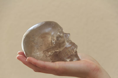 Cropped hand holding human skull against wall