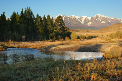 Scenic view of lake and mountains against sky