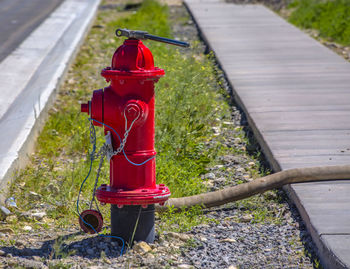 Red fire hydrant by footpath