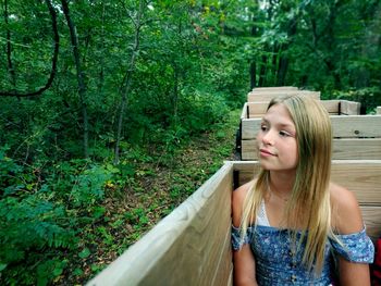 Cute girl looking away while sitting in forest