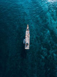 High angle view of ship sailing in sea