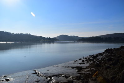 Scenic view of lake by mountain against sky