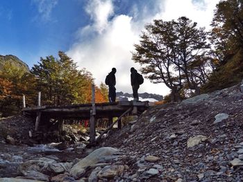 Woman standing on tree trunk