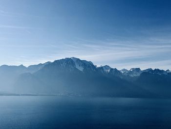 Scenic view of sea and mountains against sky