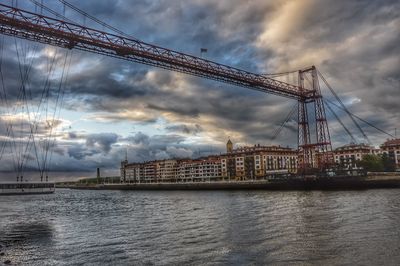 Bridge over river against sky in city