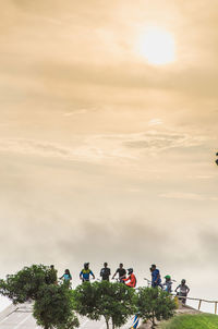 People and plants against sky during sunset