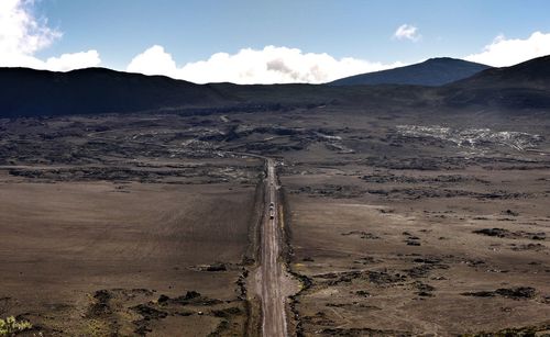 High angle view of road amidst volcanic landscape