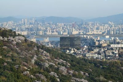 High angle view of buildings in city against sky