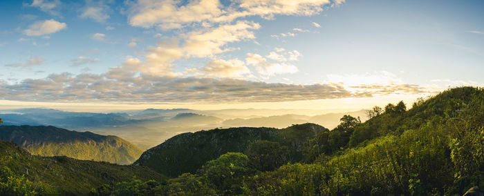 Scenic view of mountains against sky during sunset