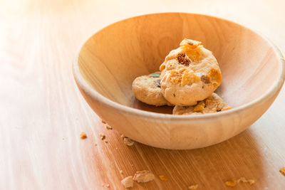 High angle view of cookies in plate on table