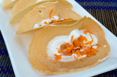 Close-up of dessert served on table