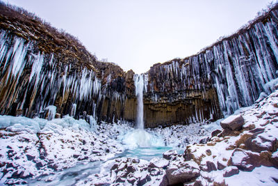 Waterfall on snow covered rocks against sky during winter