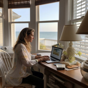 Woman hybrid working with a beautiful view