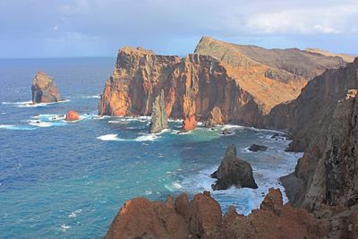 Panoramic view of rocks on sea shore against sky