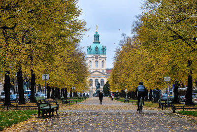 Rear view of person on bicycle amidst trees leading towards charlottenburg palace during autumn