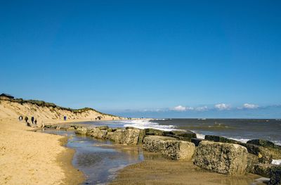 Scenic view of beach against clear blue sky