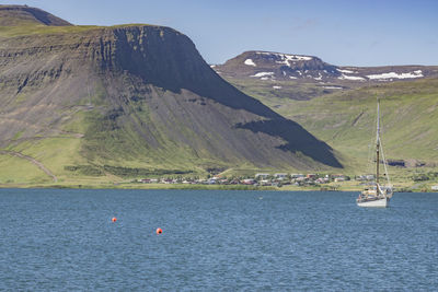 Scenic view of sea and mountains against sky