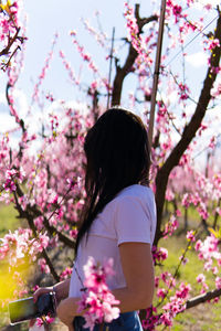 Side view of woman standing by cherry blossom tree