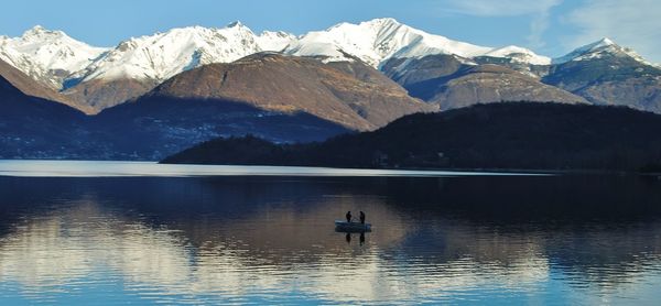 Scenic view of lake and snowcapped mountains