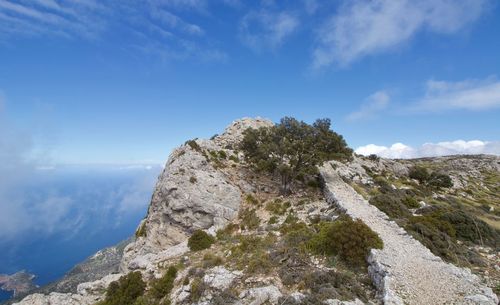 Scenic view of mountain against blue sky