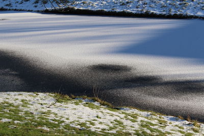 High angle view of grass and water