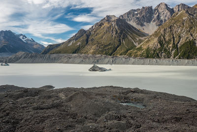 Scenic view of lake by snowcapped mountains against sky