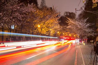 Light trails on road in city at night