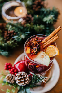 High angle view of christmas decorations on table