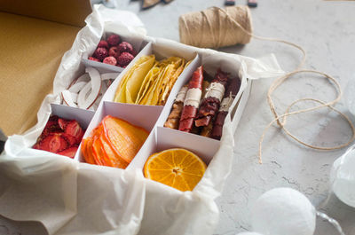 High angle view of food on table