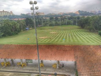 High angle view of field against sky