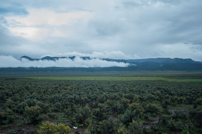 Scenic view of mountains against cloudy sky