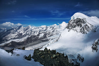 Aerial view of snowy mountain matterhorn with ski house , zermatt, switzerland