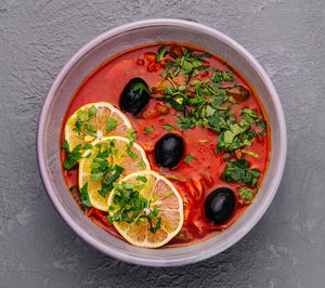 High angle view of food in bowl on table